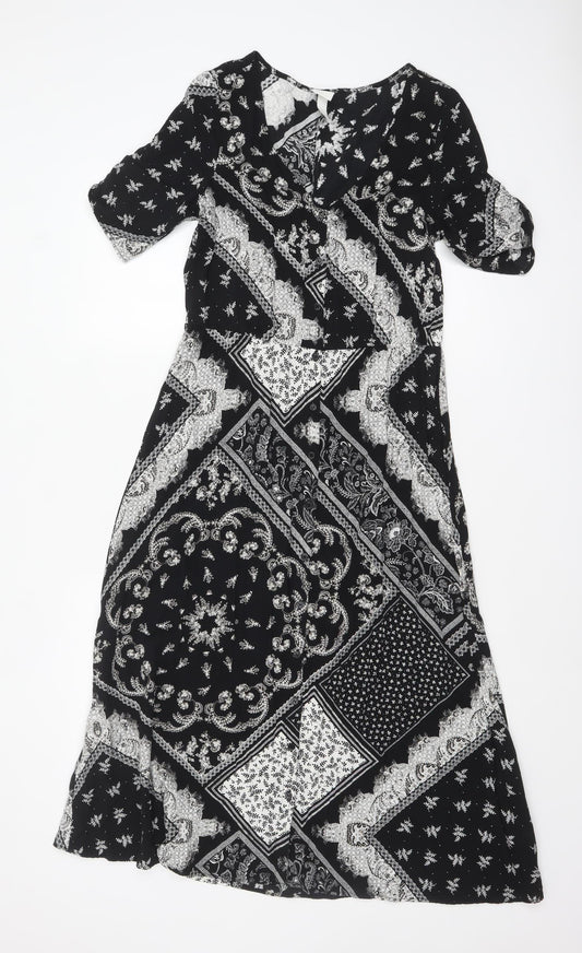 H&M Women’s Black Midi A-Line Dress Size 8 Bohemian Paisley Viscose