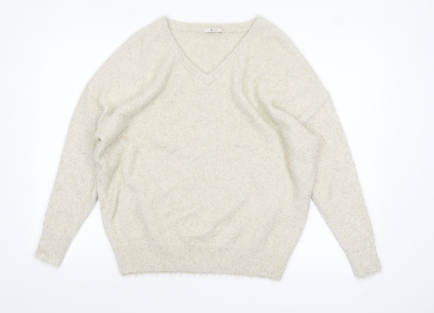 TU Women’s Beige V-Neck Fluffy Jumper Size 14 Polyamide Metallic Blend