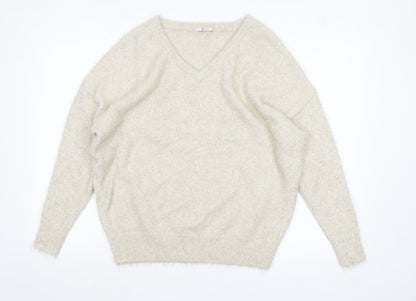 TU Women’s Beige V-Neck Fluffy Jumper Size 14 Polyamide Metallic Blend