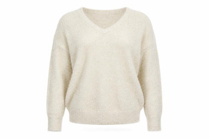 TU Women’s Beige V-Neck Fluffy Jumper Size 14 Polyamide Metallic Blend