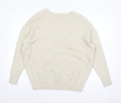 TU Women’s Beige V-Neck Fluffy Jumper Size 14 Polyamide Metallic Blend