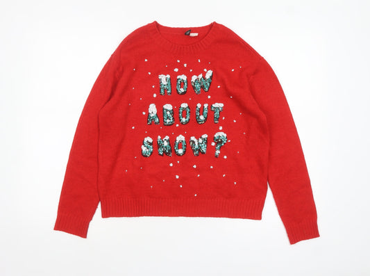 H&M Divided Women Red Sequin Christmas Jumper Size 8