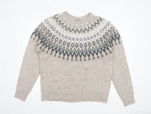 Tu Men Beige Fair Isle Knit Jumper Size L Crew Neck Pullover
