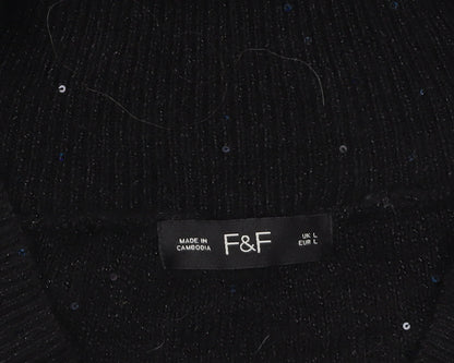 F&F Women's Black Sequin V-Neck Pullover Jumper Size L