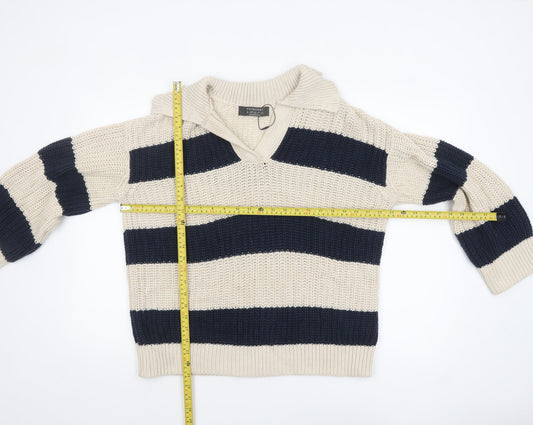 Primark Women's Beige & Navy Striped Chunky Knit V-Neck Pullover Jumper Size S