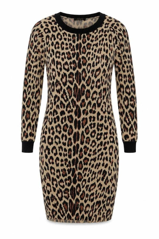 Front view of Jaeger Women Beige Leopard Knit Bodycon Dress XS Long Sleeve