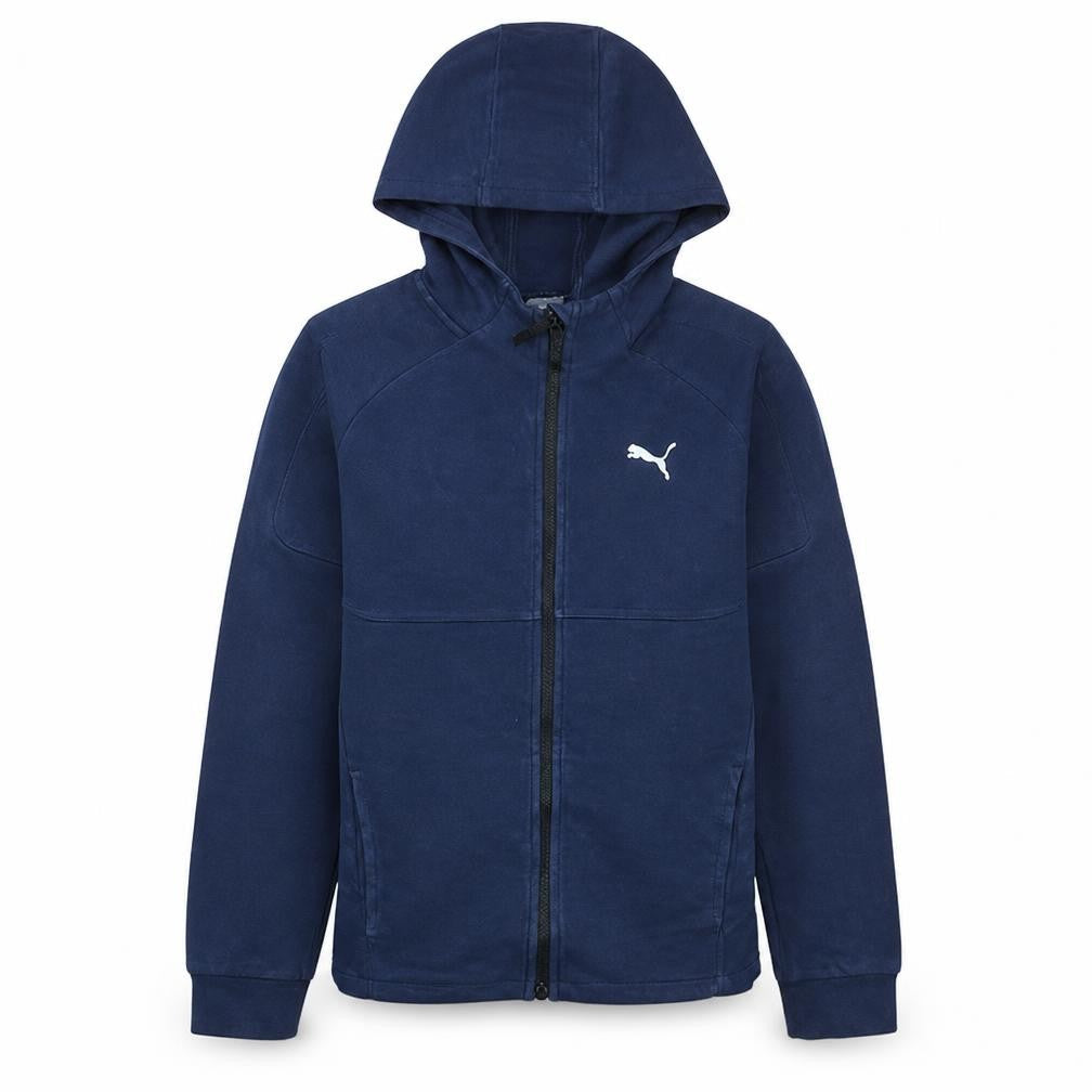 Front view of Puma boys’ blue full zip hoodie 13-14 years long sleeve hooded sweatshirt