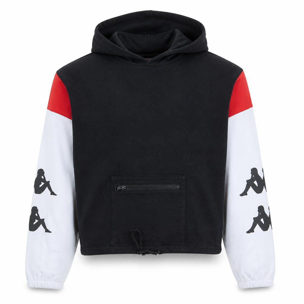 Front view of Kappa unisex black xs pullover hoodie with logo & zip pocket