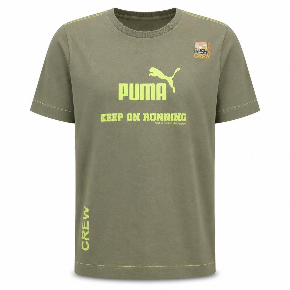 Front view of Puma Men's Green Crew Neck Sports Graphic T-Shirt, size L