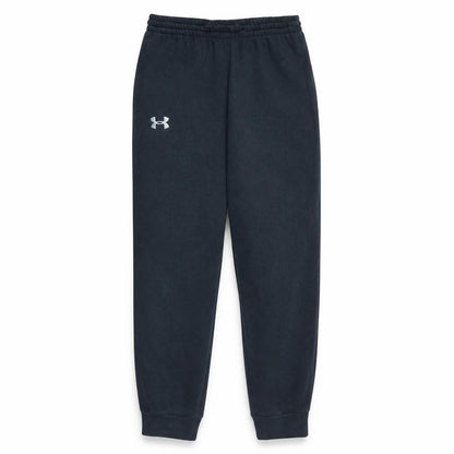 Front view of Under Armour boys’ black jogger trousers, size 12-13, years fleece activewear