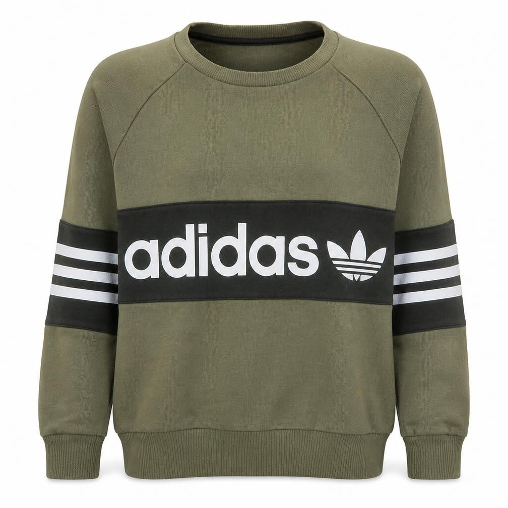 Front view of Adidas Women’s Khaki Crew Neck Sweatshirt, size UK 6, XS Logo Print