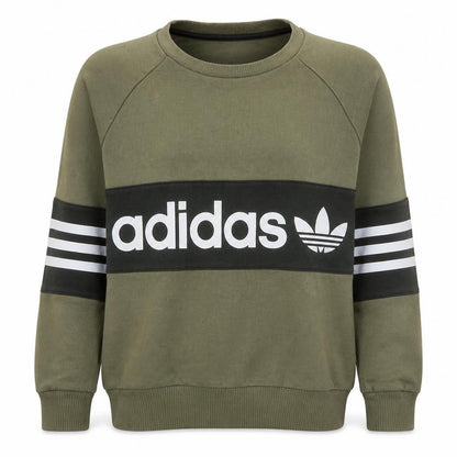 Front view of Adidas Women’s Khaki Crew Neck Sweatshirt, size UK 6, XS Logo Print