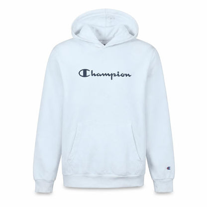 Front view of Champion boys’ white pullover hoodie 2xl logo graphic fleece sweatshirt