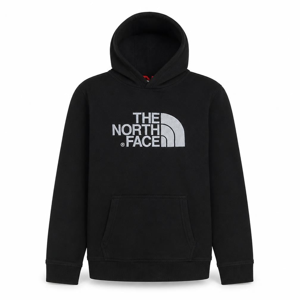 Front view of The North Face boys’ black xl pullover hoodie cotton logo sweatshirt