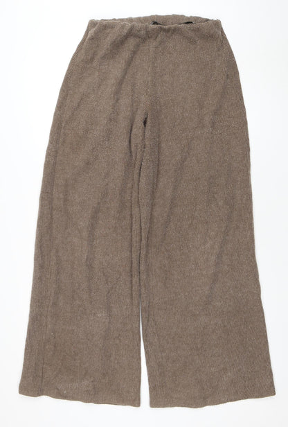 Womens UK Size M Zara Relaxed Fit Wide-Leg Brown Trousers