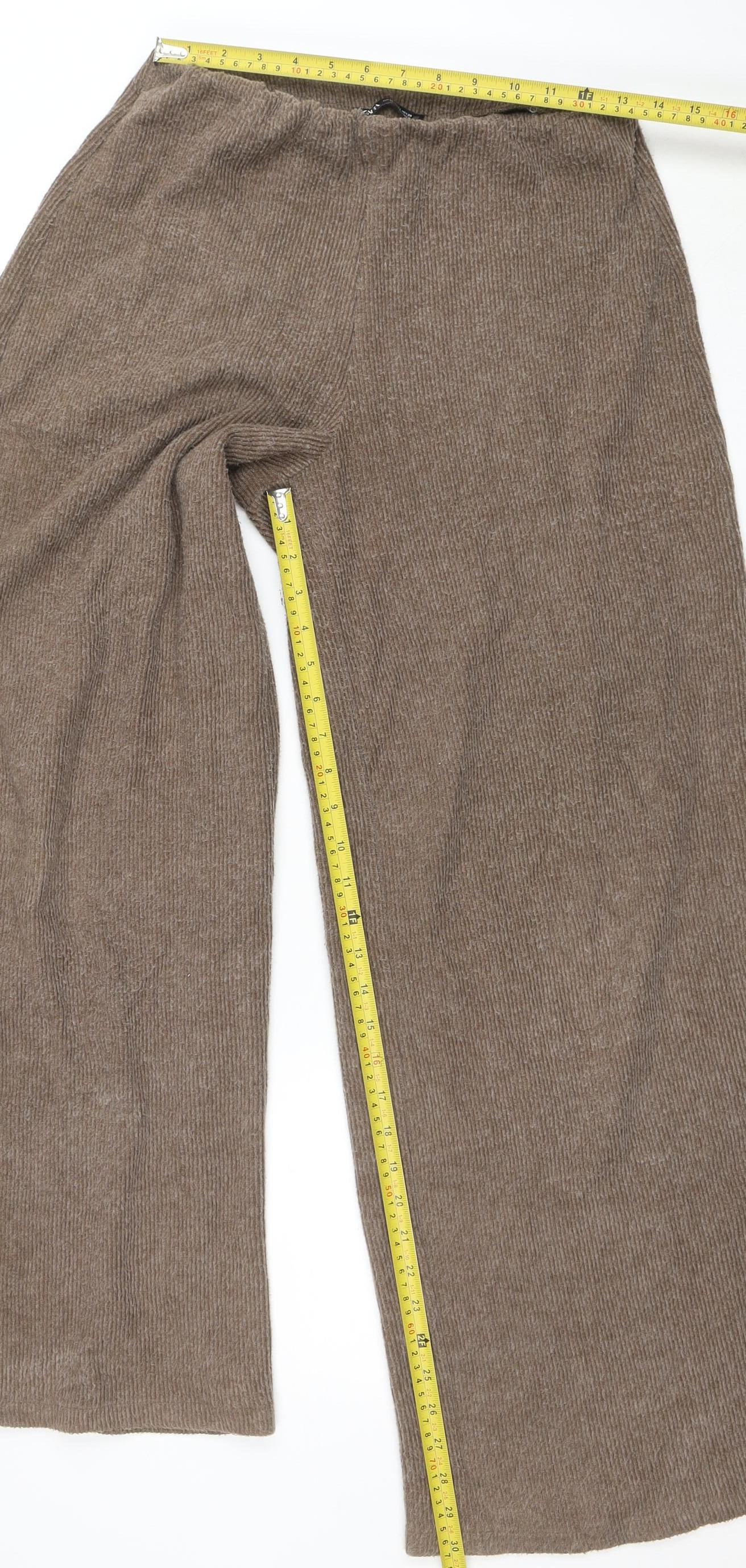 Womens UK Size M Zara Relaxed Fit Wide-Leg Brown Trousers