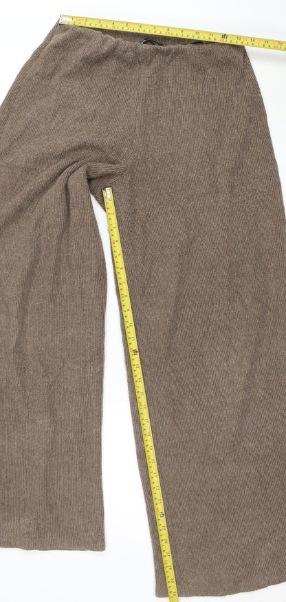 Womens UK Size M Zara Relaxed Fit Wide-Leg Brown Trousers