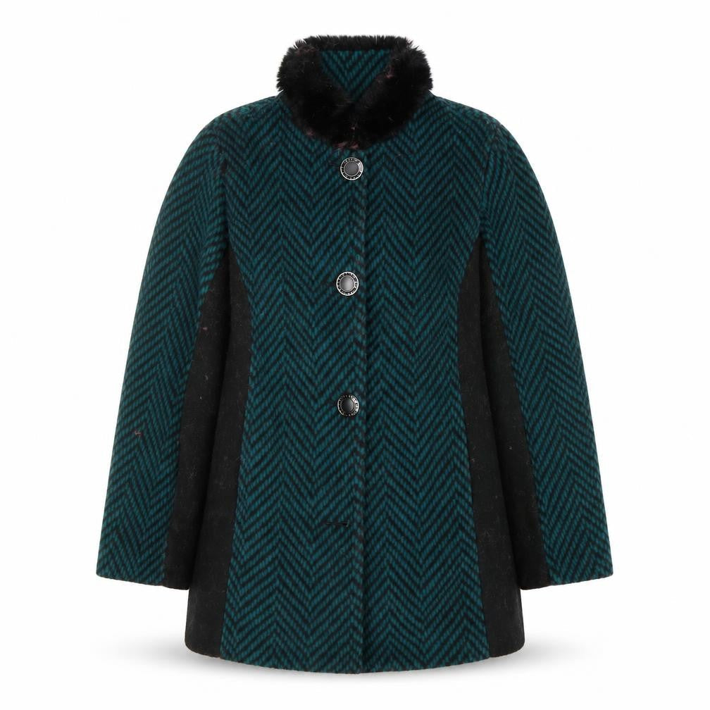 Boohoo Women Green Herringbone Faux Fur Collar Mid-Length Coat XS