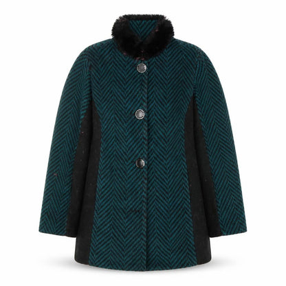Boohoo Women Green Herringbone Faux Fur Collar Mid-Length Coat XS