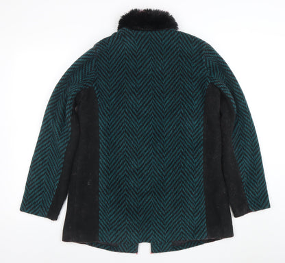 Boohoo Women Green Herringbone Faux Fur Collar Mid-Length Coat XS