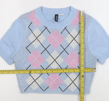 H&M Divided Women's Blue Argyle Cropped Knit Short Sleeve Top Size S