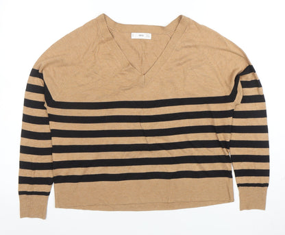 MNG Women Brown Striped Knit V-Neck Long Sleeve Top Size S