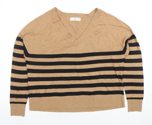 MNG Women Brown Striped Knit V-Neck Long Sleeve Top Size S