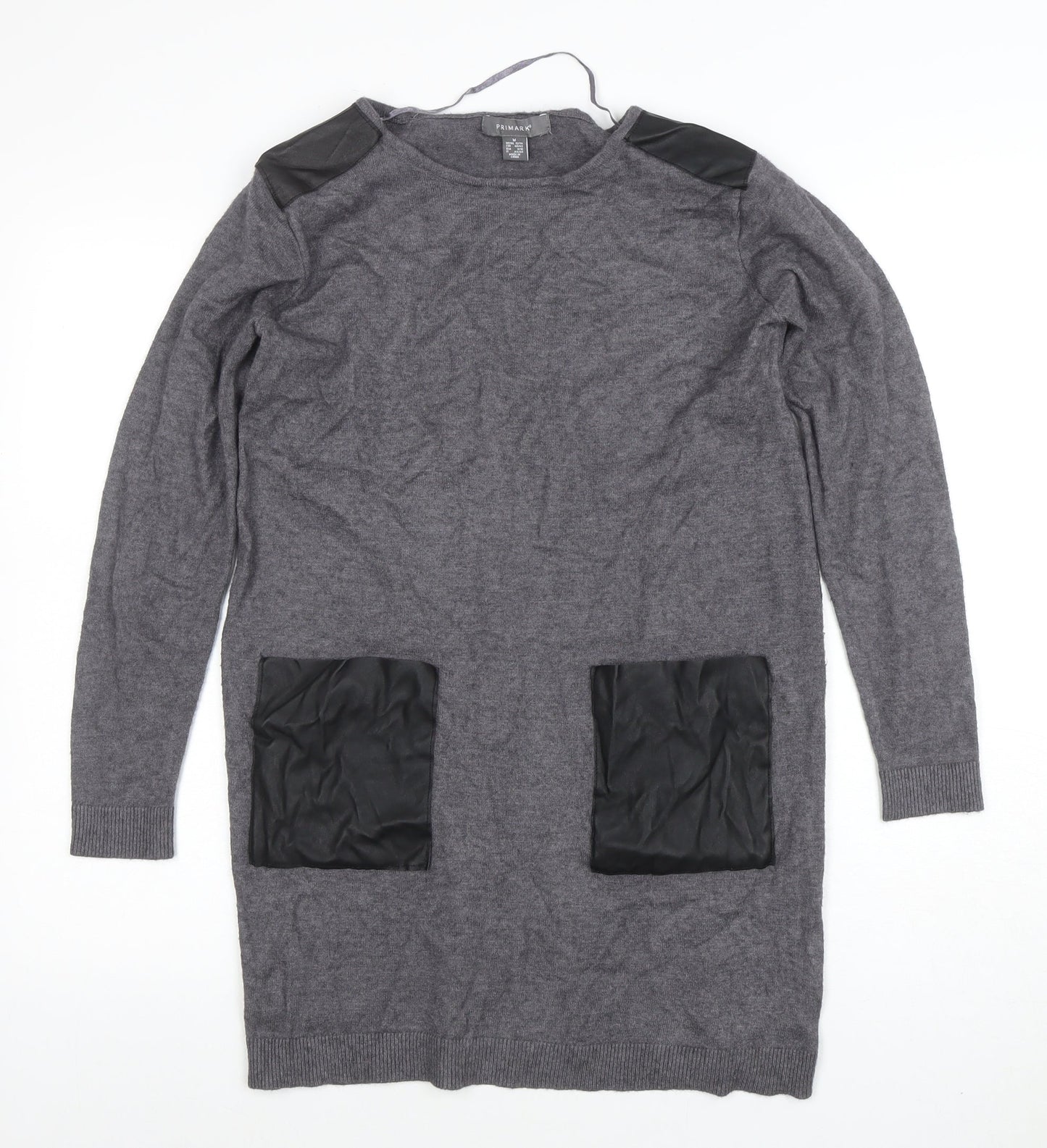 Primark Womens Grey Faux Leather Panel Tunic Jumper M