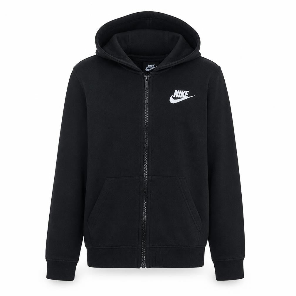 Front view of Nike boys’ black full zip hoodie l 147-158cm cozy fleece sweatshirt