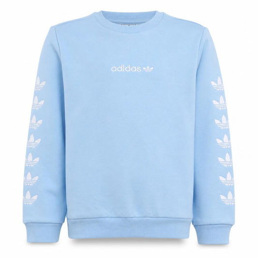 Front view of Adidas girls’ blue crew neck pullover sweatshirt, size 11-12, years