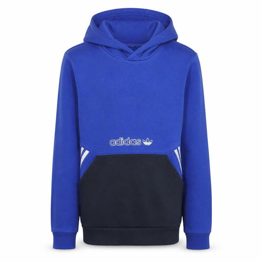 Front view of Adidas boys’ blue pullover hoodie 15-16 years colourblock logo sweatshirt