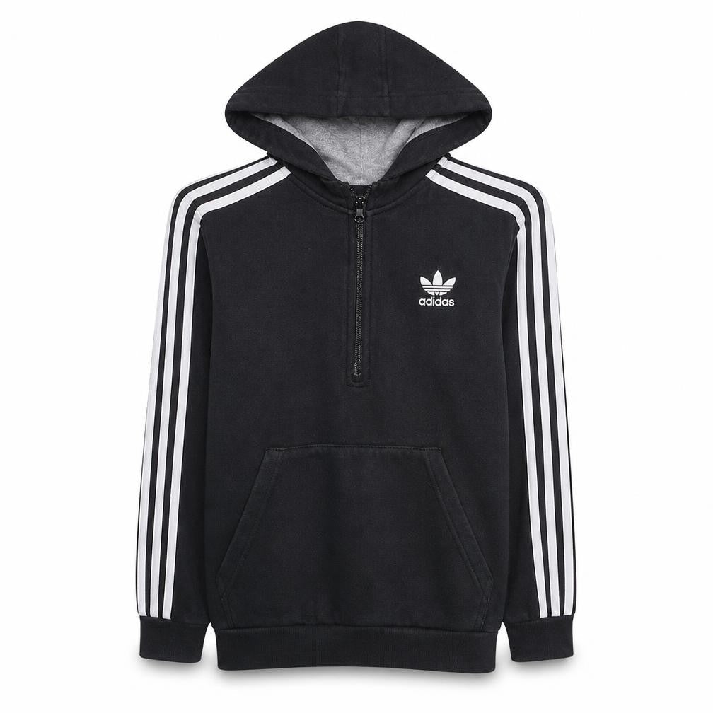 Front view of Adidas boys’ black 12-13 years 1/2 zip hoodie with stripes