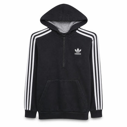 Front view of Adidas boys’ black 12-13 years 1/2 zip hoodie with stripes
