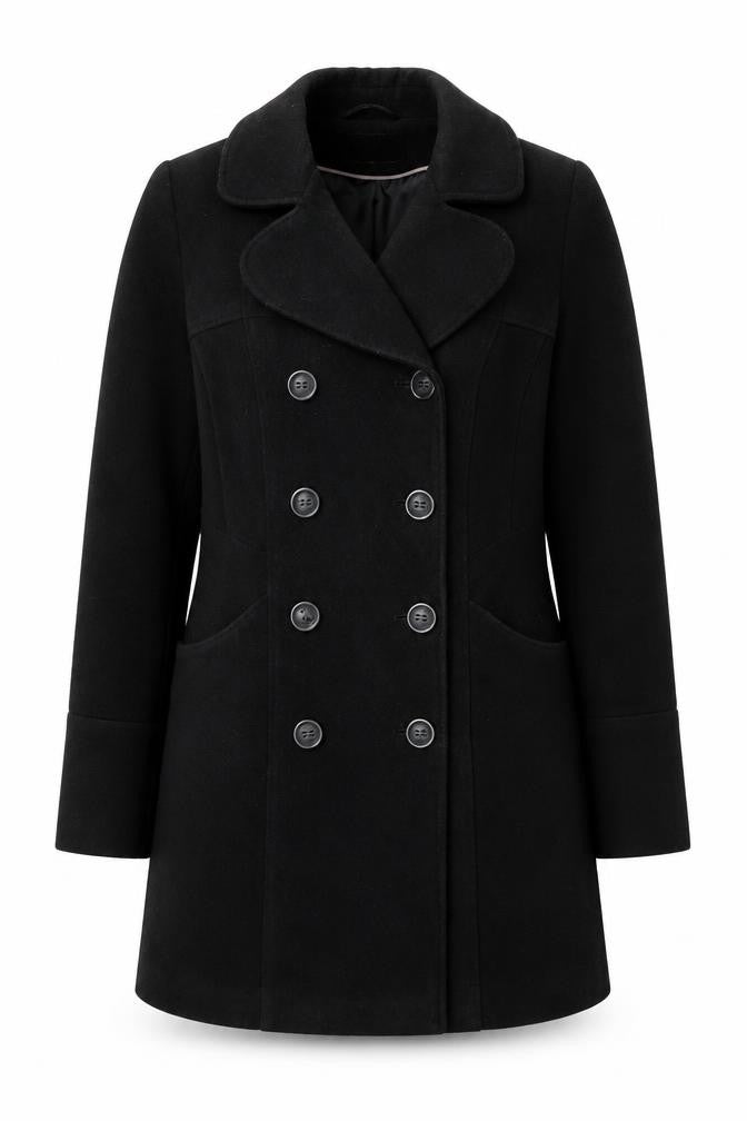 BHS Womens Black Wool Look Pea Coat Size 10 Double Breasted Classic Style