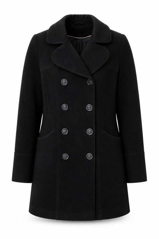 BHS Womens Black Wool Look Pea Coat Size 10 Double Breasted Classic Style