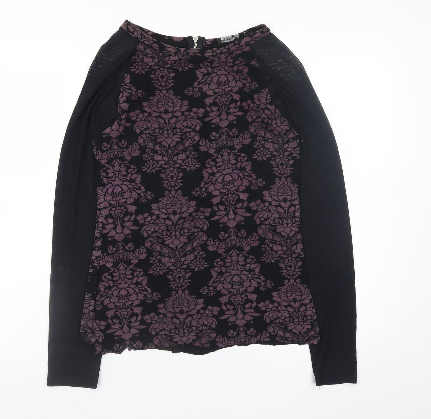 Sigeag Womens Black Purple Floral Long Sleeve Zip Blouse Size L