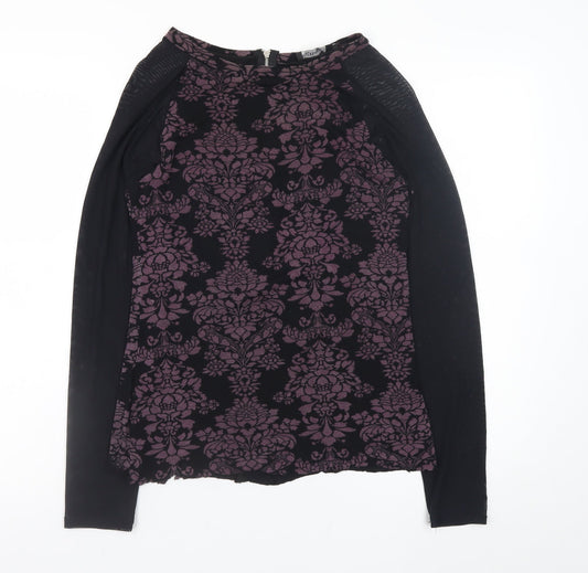 Sigeag Womens Black Purple Floral Long Sleeve Zip Blouse Size L