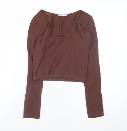 Zara Women Brown Cropped Ribbed Long Sleeve Square Neck Top XS