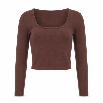 Zara Women Brown Cropped Ribbed Long Sleeve Square Neck Top XS