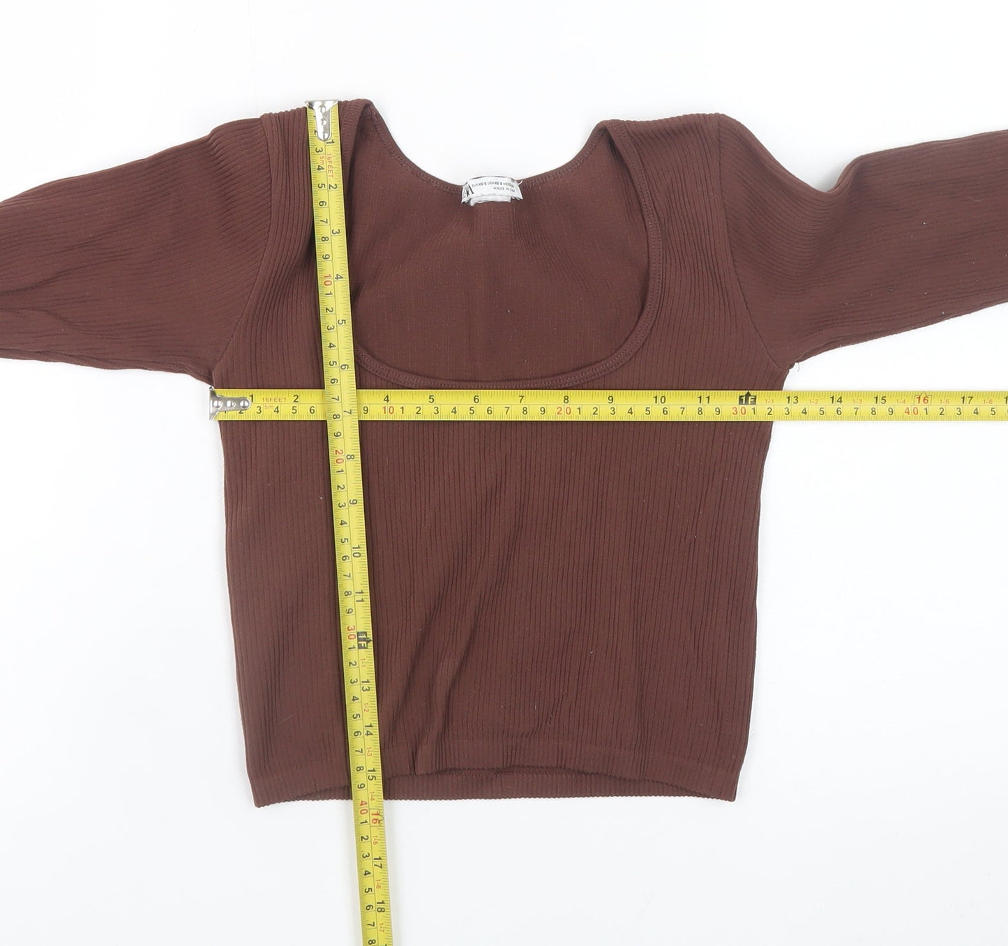 Zara Women Brown Cropped Ribbed Long Sleeve Square Neck Top XS