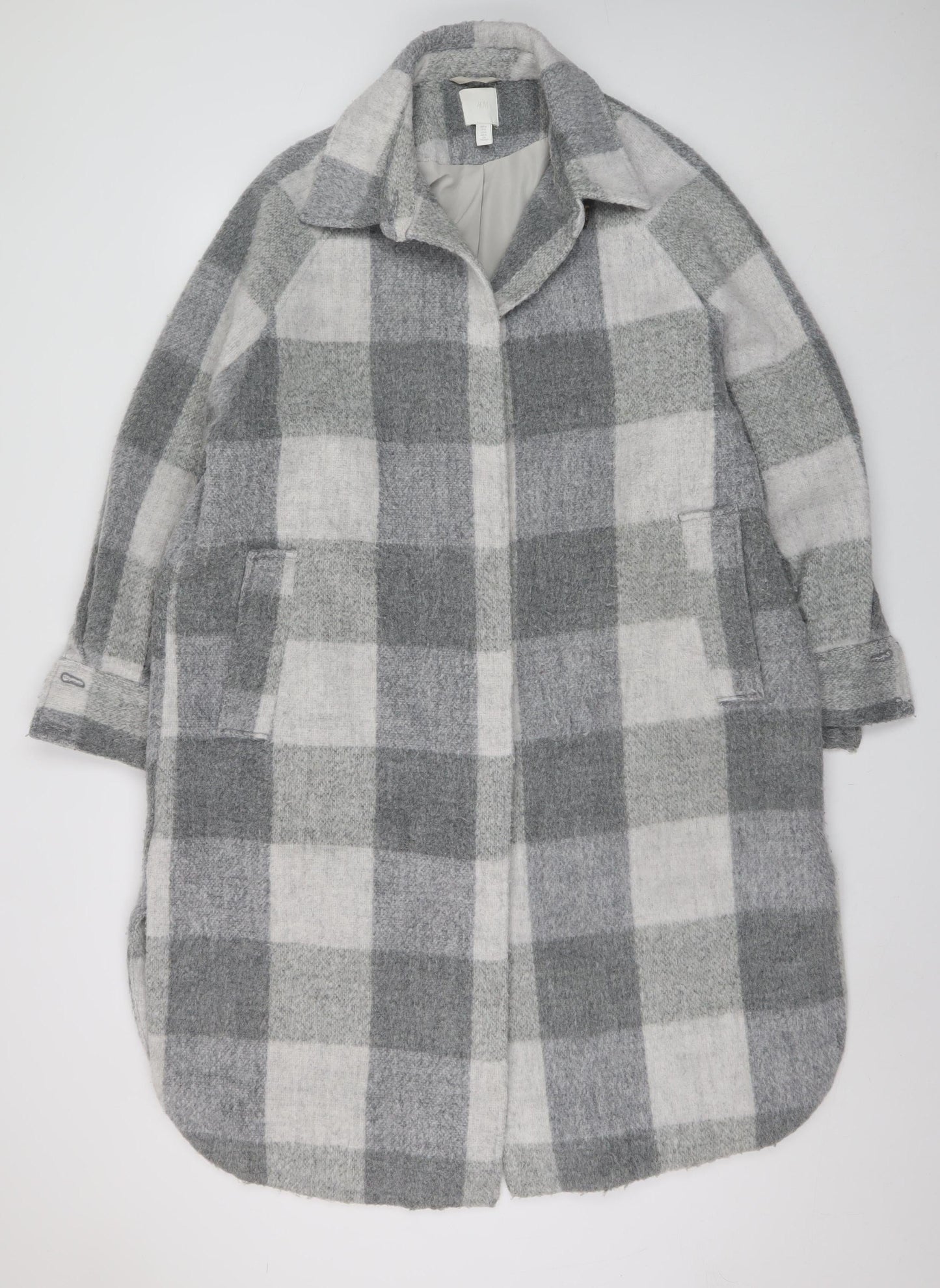 H&M Women Grey Check Long Wool Blend Overcoat Size M