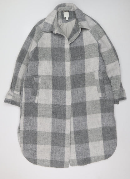 H&M Women Grey Check Long Wool Blend Overcoat Size M