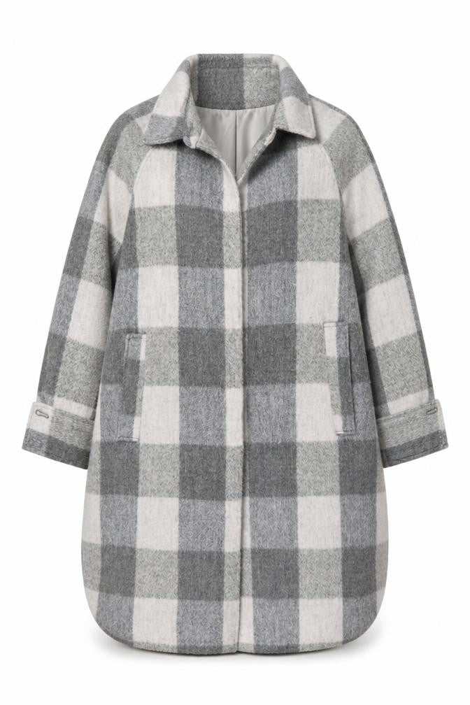 H&M Women Grey Check Long Wool Blend Overcoat Size M