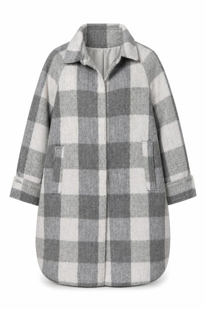 H&M Women Grey Check Long Wool Blend Overcoat Size M