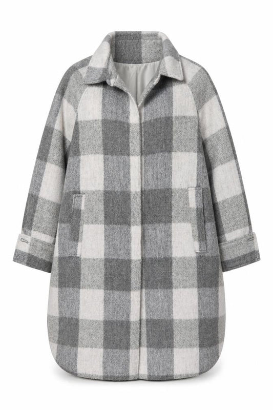 H&M Women Grey Check Long Wool Blend Overcoat Size M