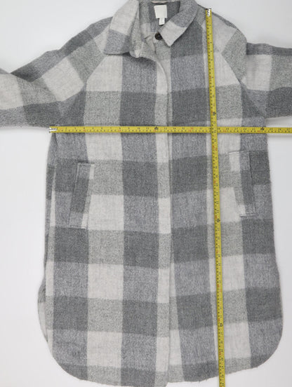 H&M Women Grey Check Long Wool Blend Overcoat Size M