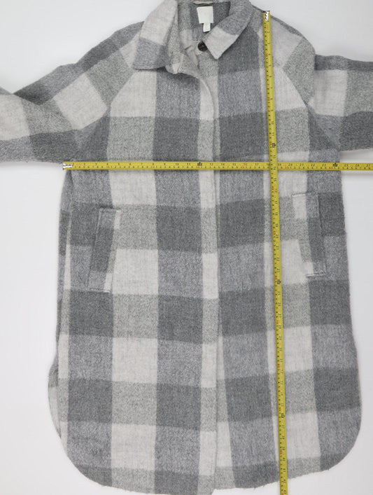 H&M Women Grey Check Long Wool Blend Overcoat Size M