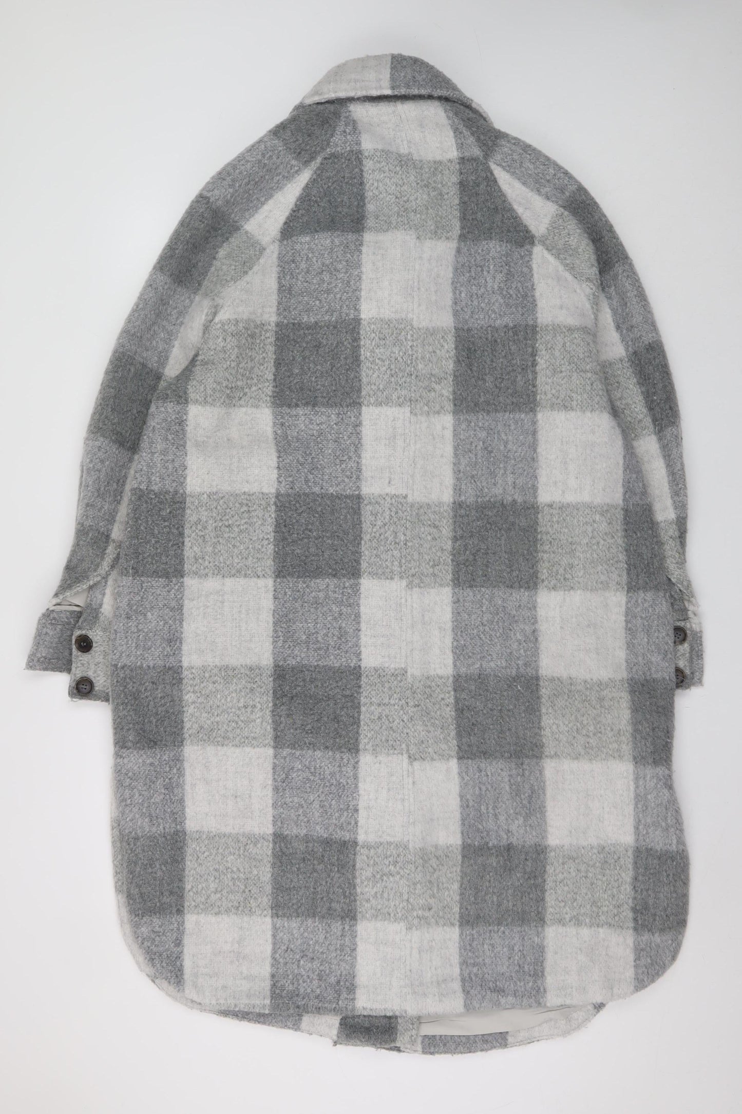 H&M Women Grey Check Long Wool Blend Overcoat Size M