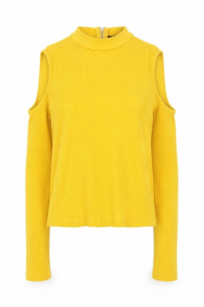 H&M Women Yellow Mock Neck Cold Shoulder Ribbed Top Size M