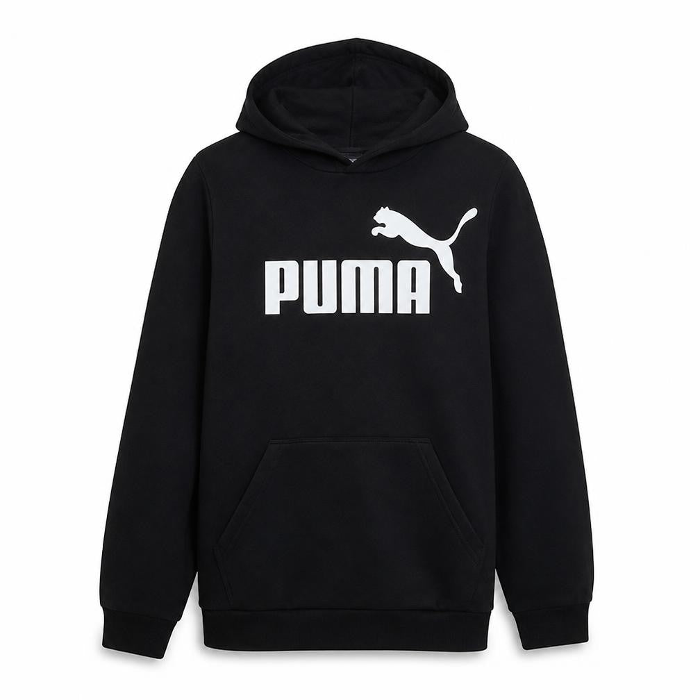 Front view of Puma boys’ black pullover hoodie, size 15-16, years fleece logo sweatshirt